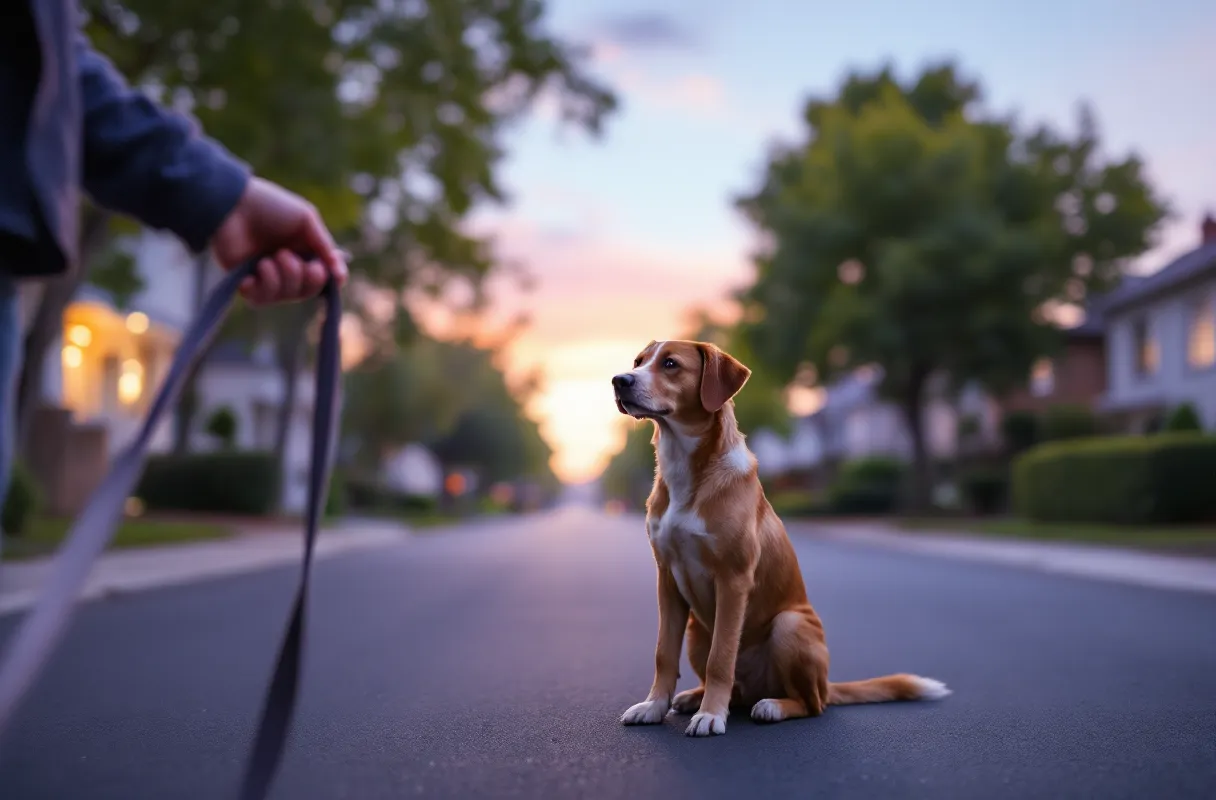 An owner's hand holding a leash at dawn while a calm dog sits on the pavement