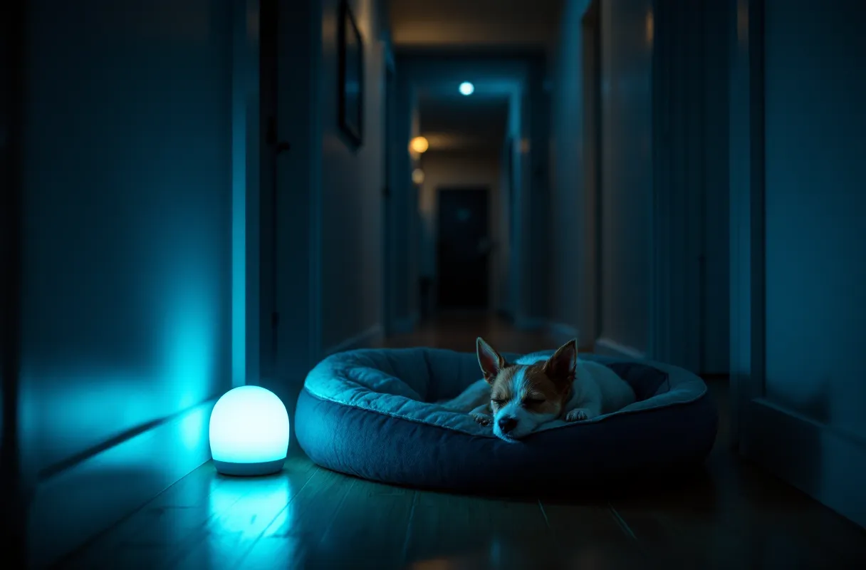 A quiet hallway at night with a soft night light and a small dog asleep in its bed
