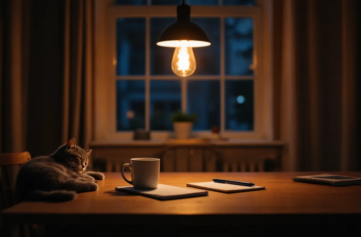 A kitchen table at night with a mug and a blank notepad, a cat asleep on a nearby chair