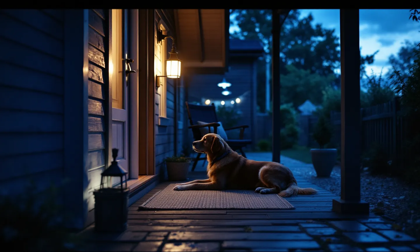 A calm dog resting on a porch mat at dusk, lit by a warm lamp by the door