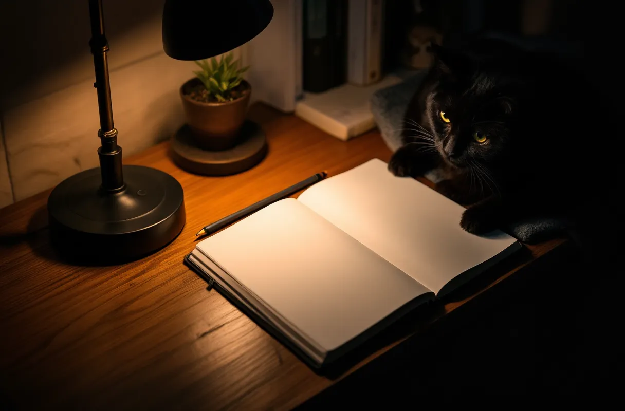 A reading lamp over a desk with a blank open notebook, a black cat resting beside it