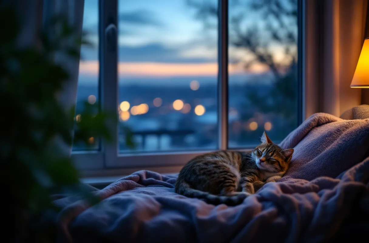 A tabby cat asleep on a cushioned window seat as the evening light fades